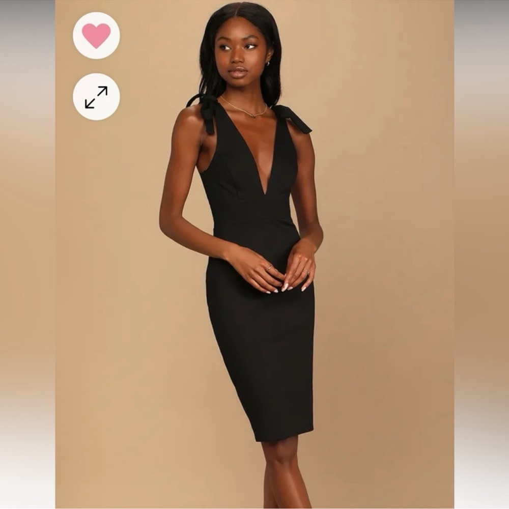 Lulu's Black Bodycon Midi Dress with Plunge Neckline